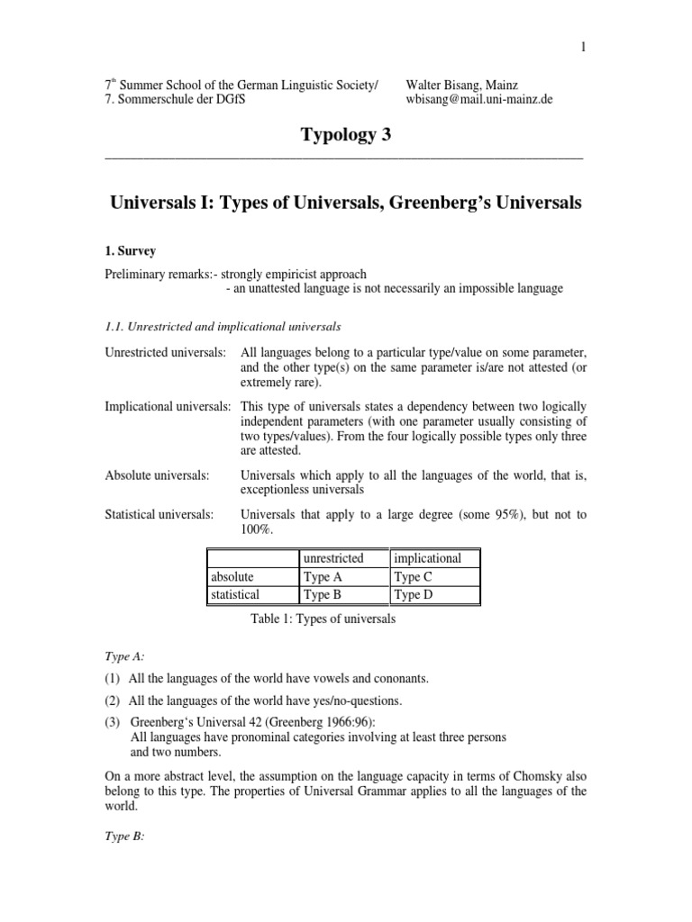 Universals Types of Universals, Greenberg's Universals PDF