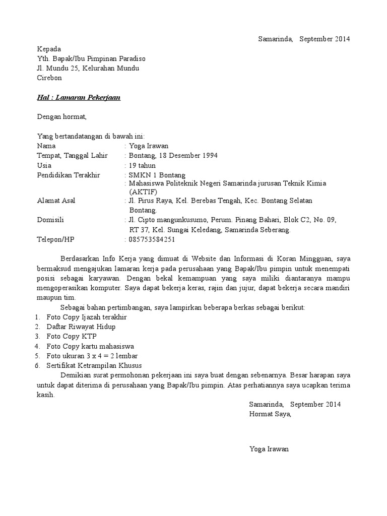 Contoh Surat Lamaran Pekerjaan Doc