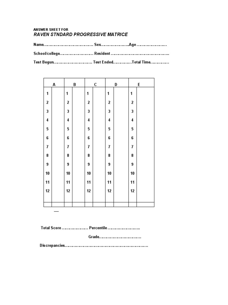 Raven's Progressive Matrice Answer Sheet Tests