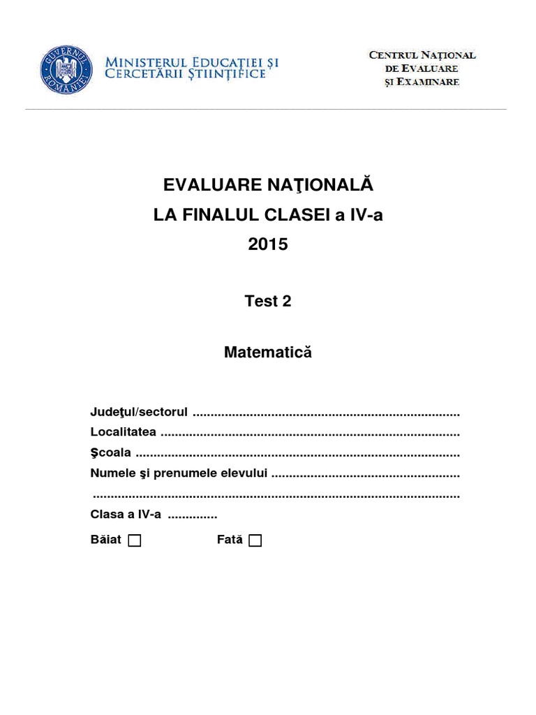 Test 2 Subiecte Matematica Evaluarea Nationala De La Finalul Clasei A Iv A