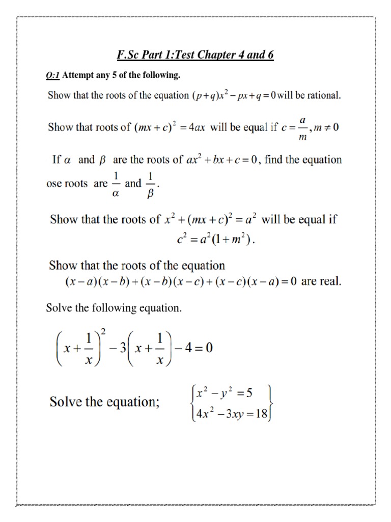 F.SC Maths Part 1 (One) Ch. 4, 6 Test Paper | PDF