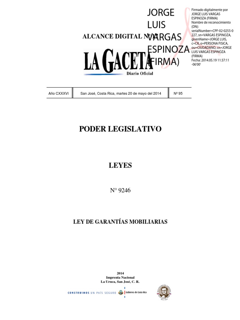 Ley de GarantíasMobiliarias 9246  Pagos  Carta de crédito