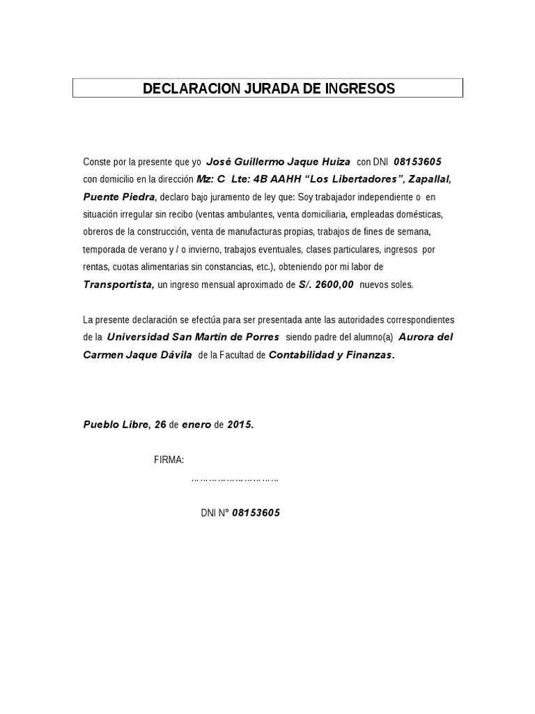 Declaracion Jurada de Ingresos | PDF