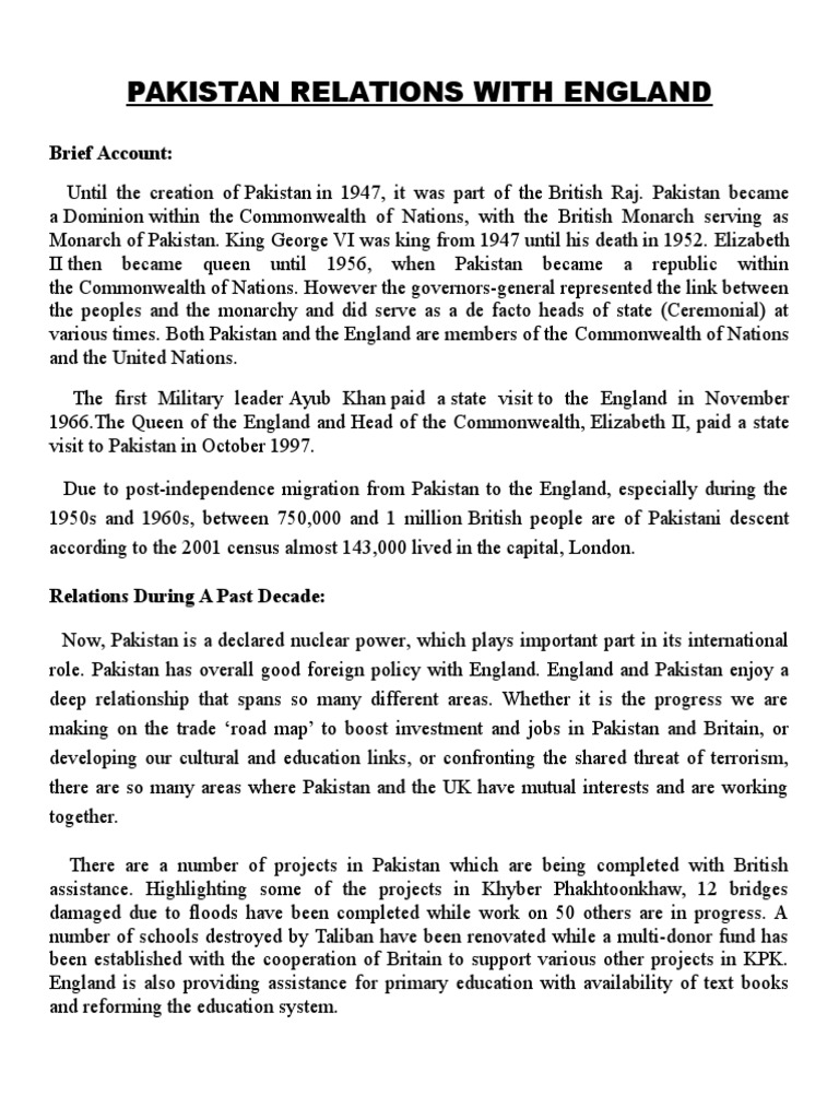 Pakistan Relations With England PDF Pakistan United Kingdom