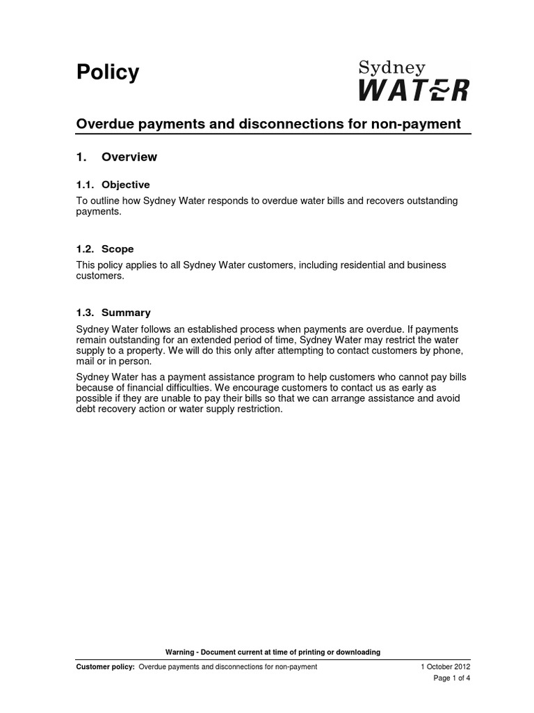 Ensuring Access to Essential Water Services Sydney Water's Policy on Overdue Payments