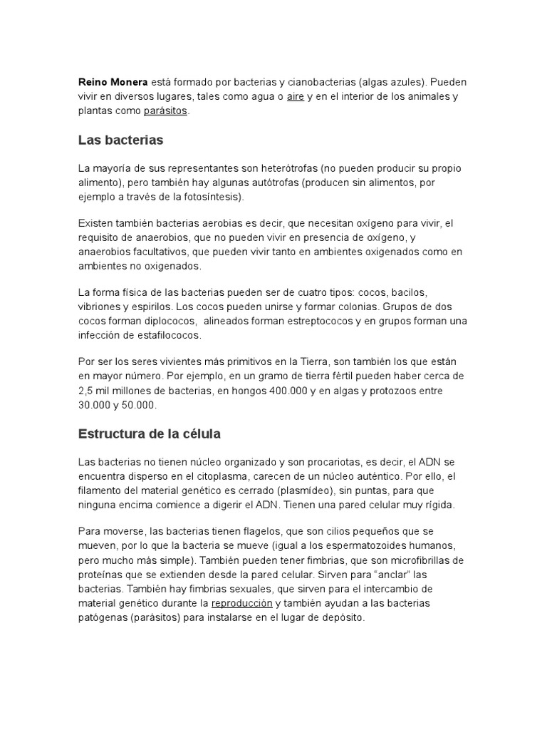 Reino Monera Está Formado Por Bacterias y Cianobacterias | PDF | Las  bacterias | Biología Celular)