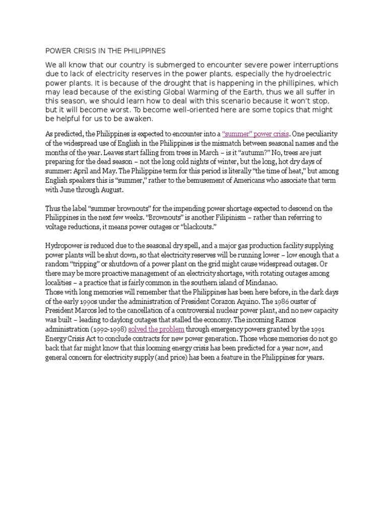 Power Crisis in The Philippines | PDF | Hydroelectricity | Energy Crisis