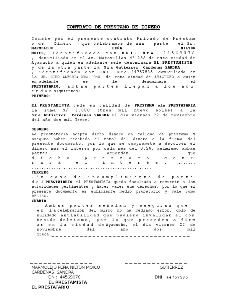 Contrato de Préstamo de Dinero | PDF | Sociedad General | Derecho ...