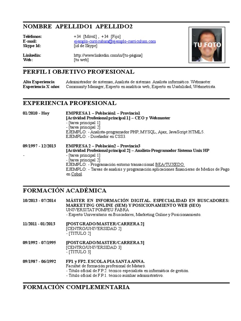 Modelo Ejemplo De Curriculum Vitae Tipo Informatica