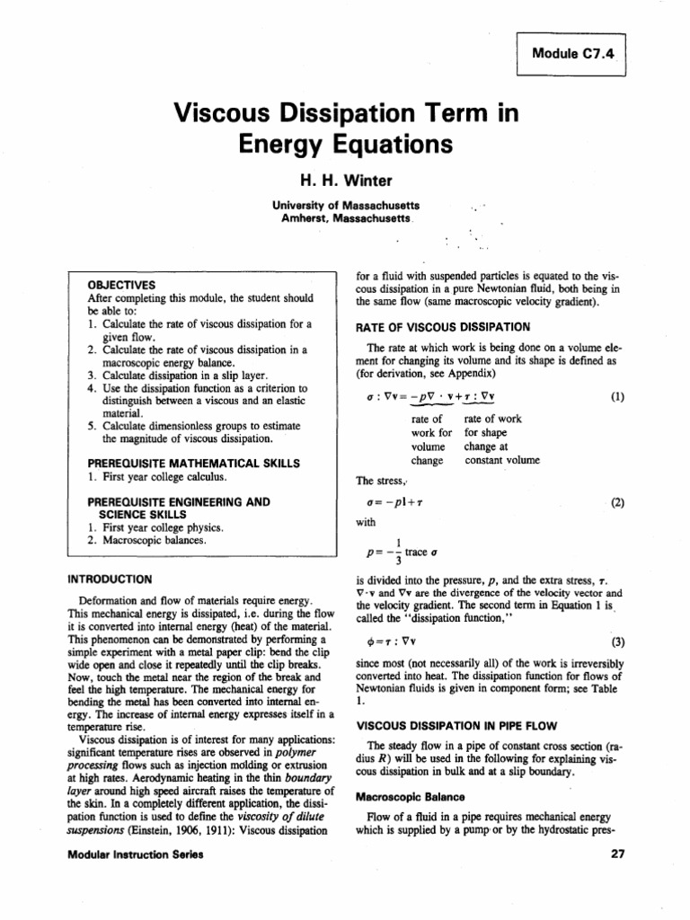 Viscous Dissipation Term in Energy Equations Viscosity Fluid Dynamics
