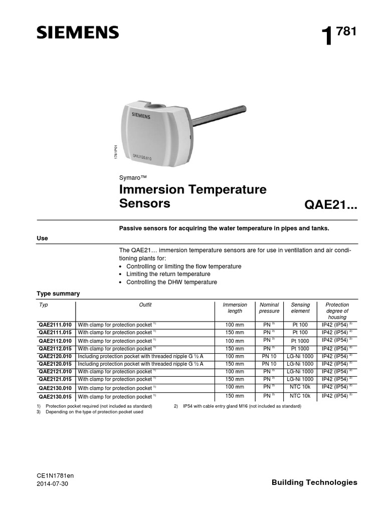 Immersion Temperature Sensors QAE21 10861 HQ en | PDF | Celsius | Amplifier