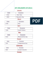 Lists of Holidays of 2013 M2S
