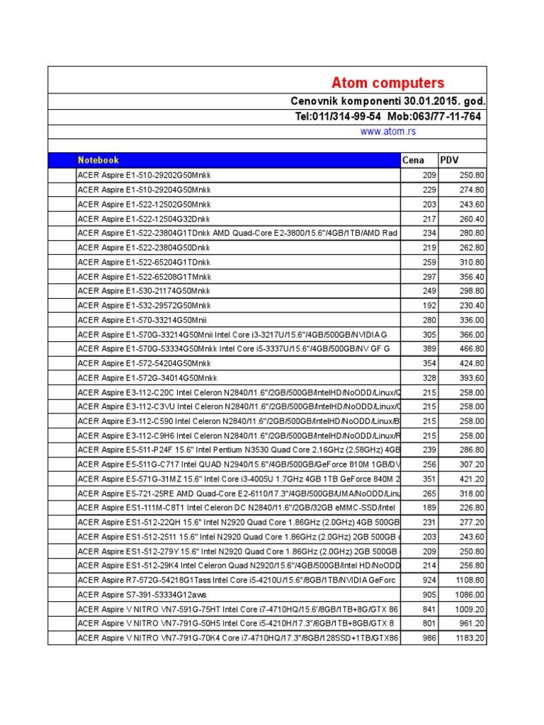 CPU Intel Xeon W-1250 CPU 3.30GHz Atom Cenovnik 2015-01-30 | PDF | Computers