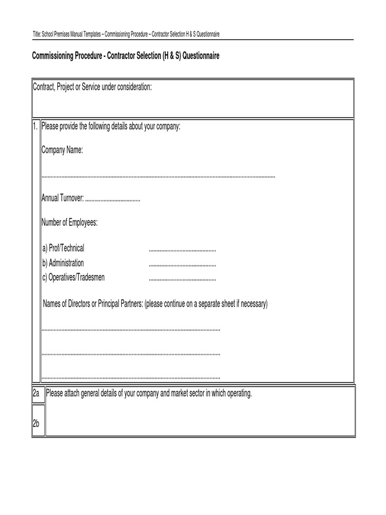 Contractor Selection H&S Questionnaire Template | PDF | Occupational ...