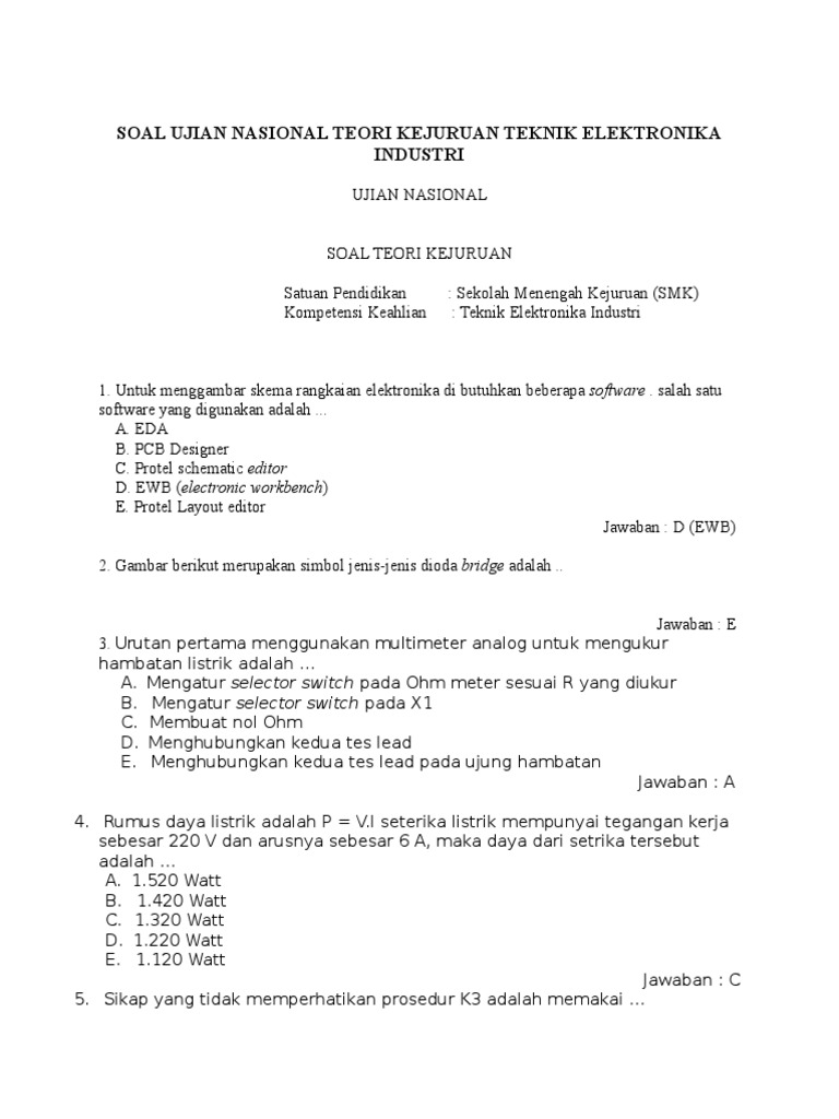 Soal Ujian Nasional Teori Kejuruan Teknik Elektronika Industri