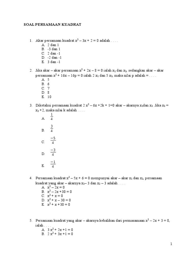 1 Soal Persamaan Kuadrat X