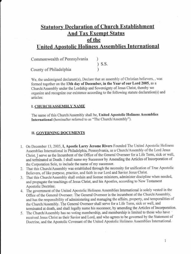 Statutory Declaration of Church Establishment and Tax Exempt 