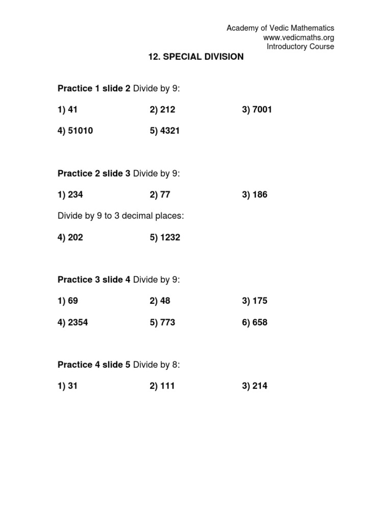 Vedic Mathematics Division Practice Exercises | PDF | Science & Mathematics