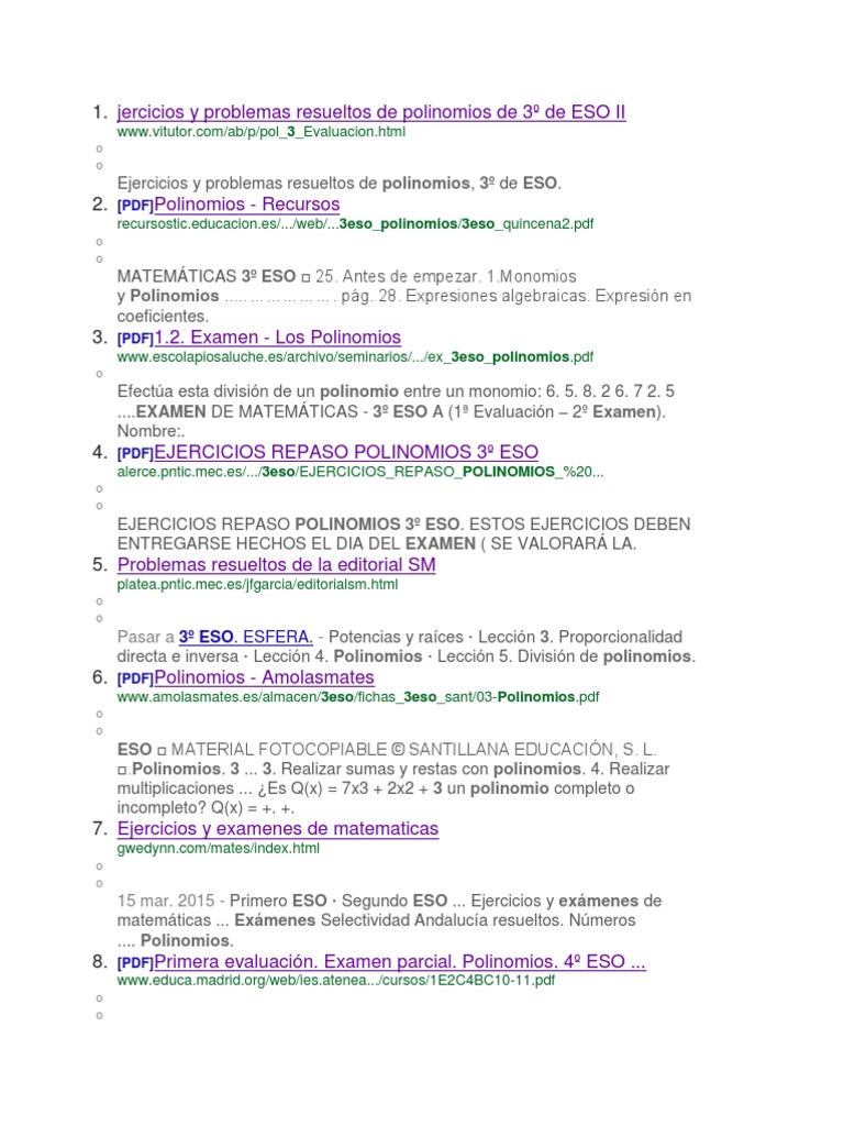 Jercicios Y Problemas Resueltos De Polinomios De 3º De Eso Ii | Pdf | Polinomio | Análisis Complejo
