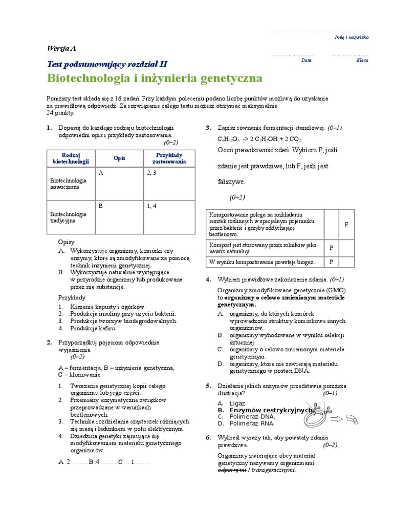 Biologia Biotechnologia I Inzynieria Genetyczna Odpowiedzi