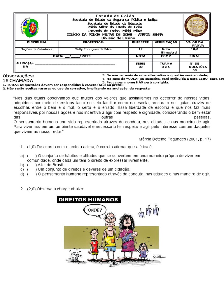 Avaliação de Cidadania 1º Bimestre Cidadania