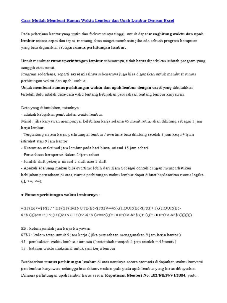 Cara Mudah Membuat Rumus Waktu Lembur Dan Upah Lembur Dengan Excel