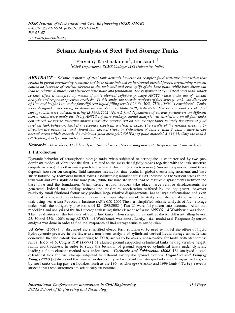 Seismic Analysis of Steel Fuel Storage Tanks PDF PDF Stress