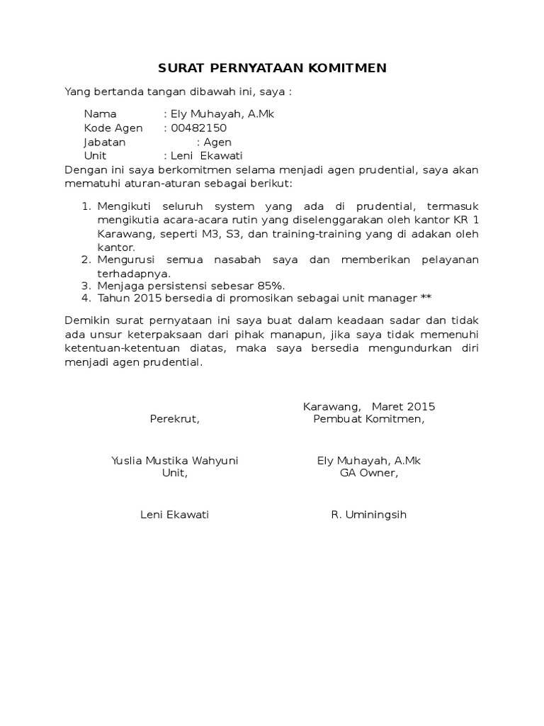 Contoh Surat Pernyataan Komitmen - IMAGESEE