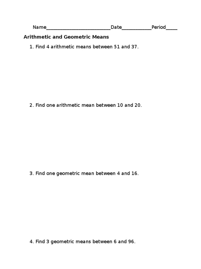 Arithmetic and Geometric Means Exercises | PDF | Teaching Methods ...