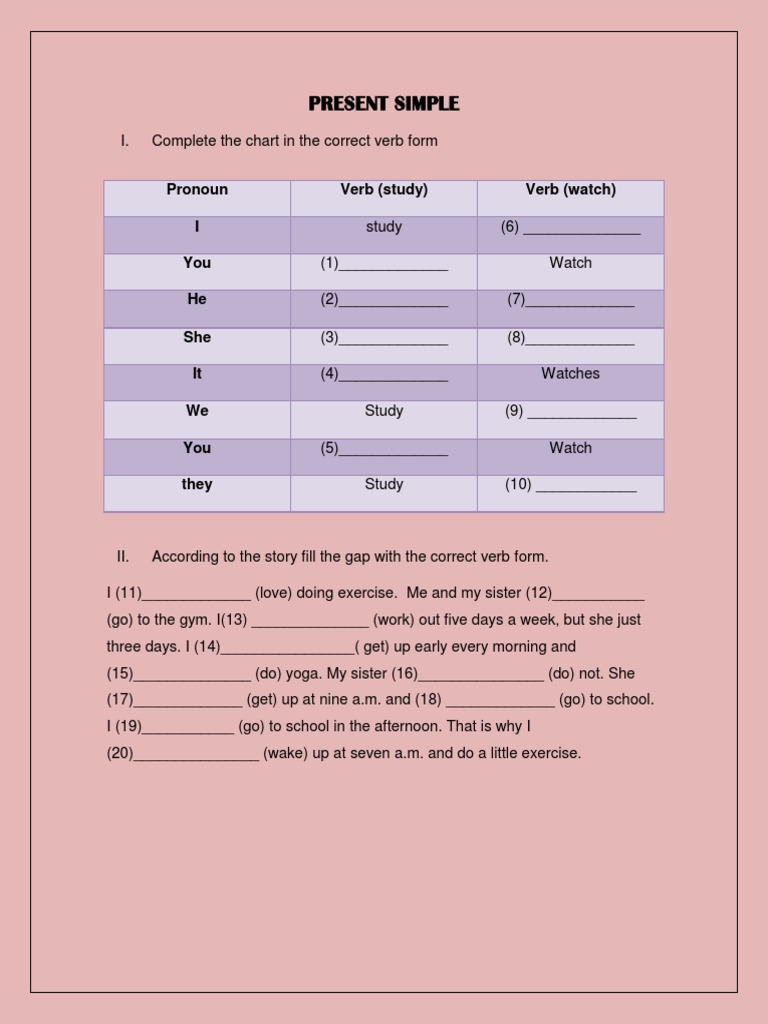 Present Simple: Pronoun Verb (Study) Verb (Watch) I You He She It We ...