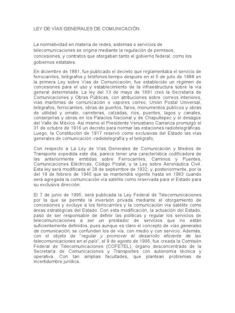 Ley de Vías Generales de Comunicación Resumen Propiedad