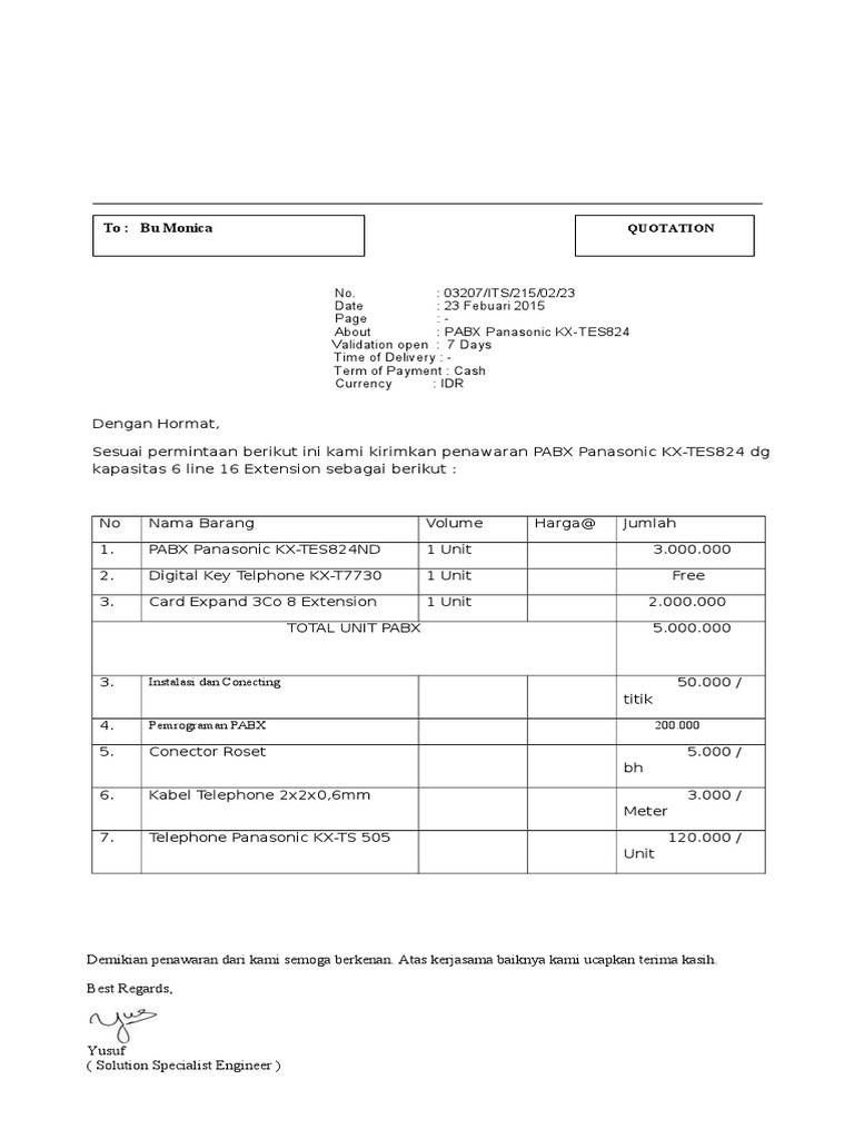 Penawaran PABX Panasonic KX-TES824 | PDF | Money | Payments