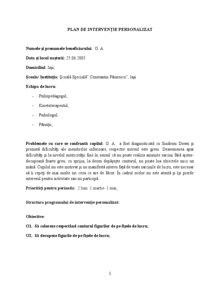 Plan De Interventie Pentru Copil Cu Dizabilitati
