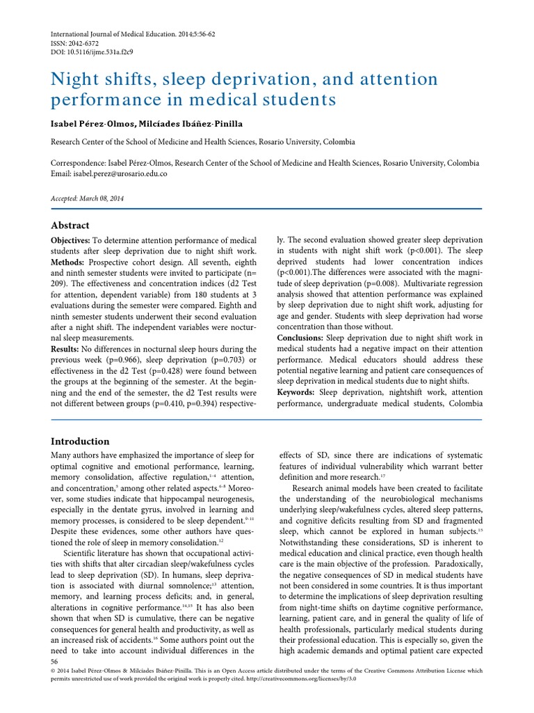Night Shifts, Sleep Deprivation, and Attention Performance in Medical