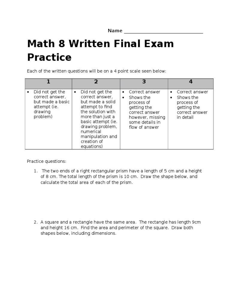 Math 8 Written Final Exam Practice | PDF | Sports & Recreation