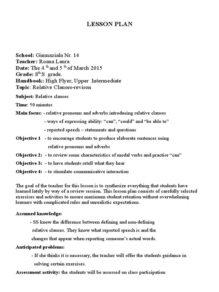 Relative Clauses Lesson Plan Clause