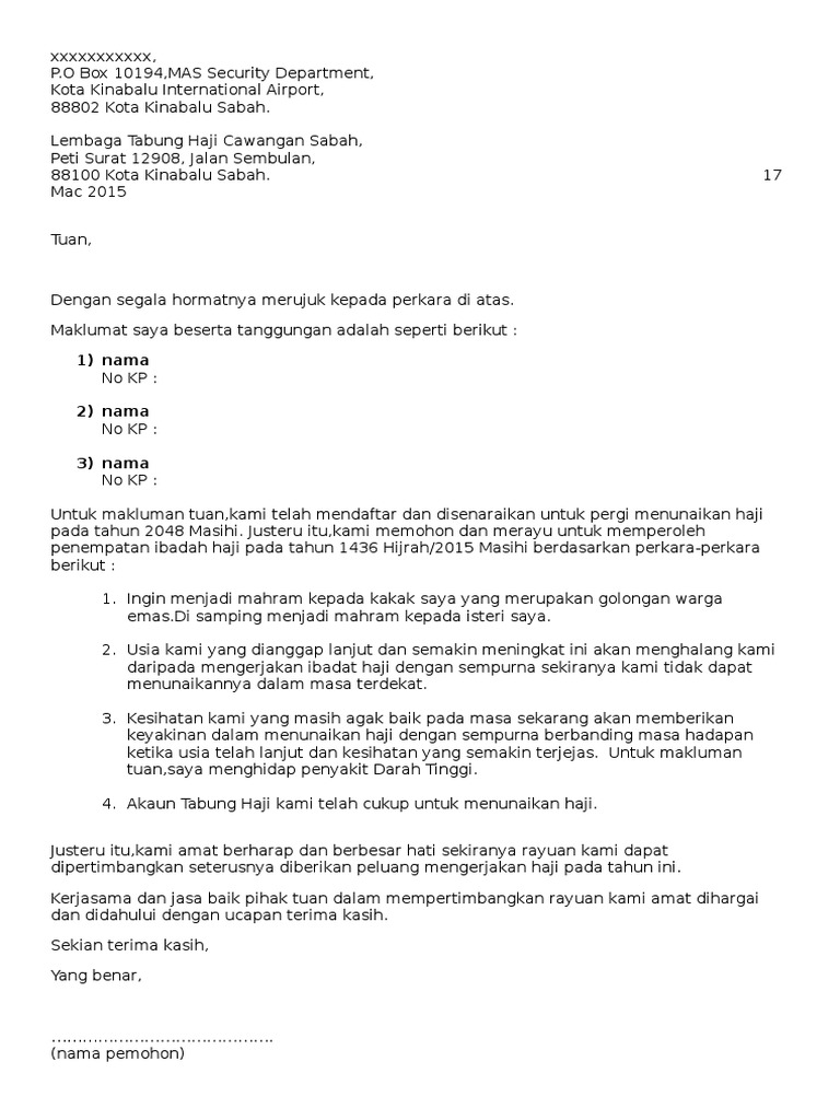 Contoh Surat Rayuan Haji Word