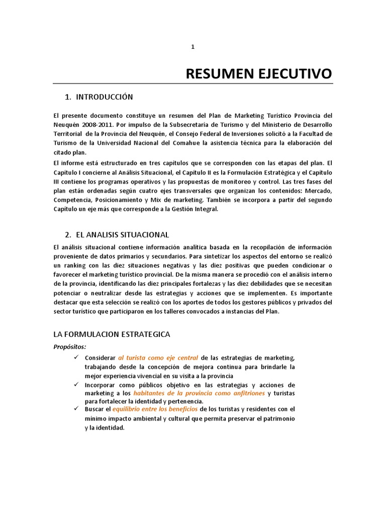 Resumen ejecutivo plan de marketing pdf Turismo Marketing