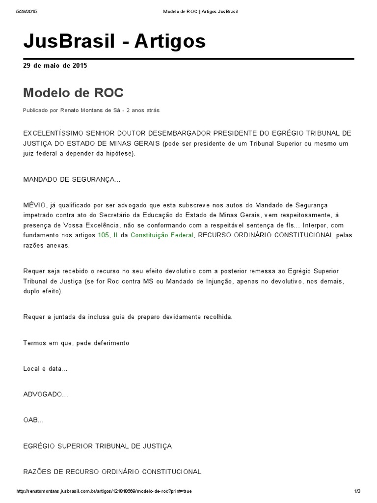 Modelo de ROC - Artigos JusBrasil | PDF | Mandamus | Advogado