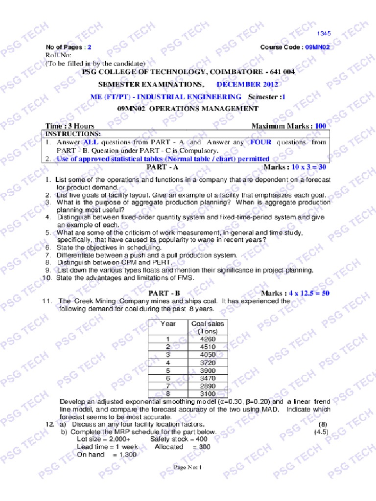 Operations Management Semester Examination Question Paper Dec-2012 | PDF