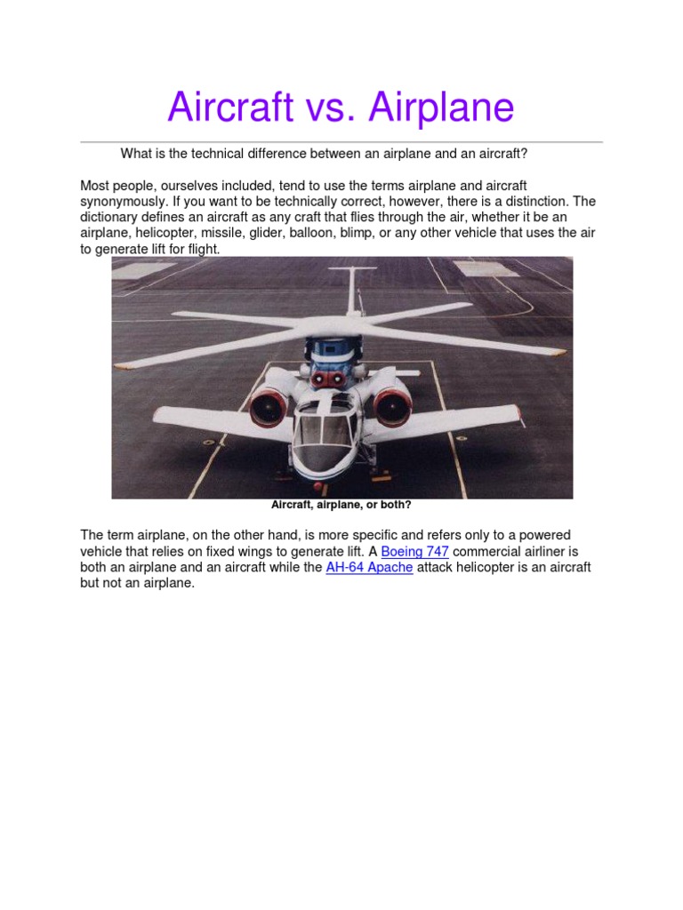 Aircraft vs. Airplane Boeing 747 AH64 Apache PDF