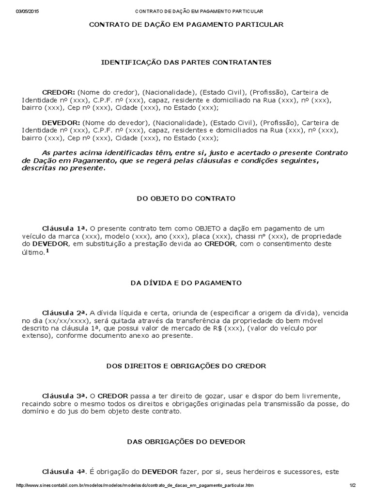 CONTRATO DE DAÇÃO EM PAGAMENTO PARTICULAR.pdf | Lei das Obrigações ...