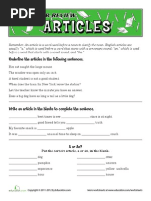 Articles Worksheet Pdf
