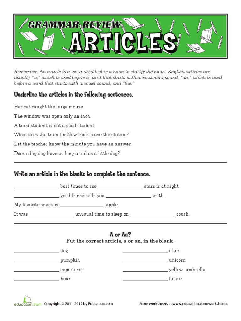 Articles Worksheet Pdf