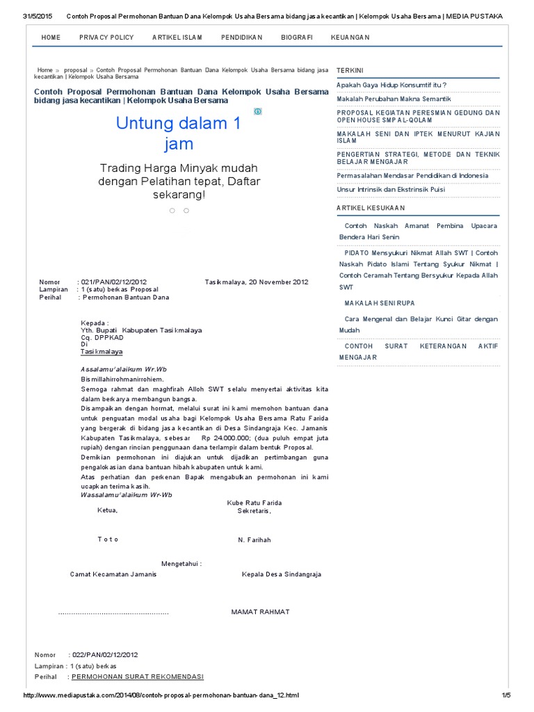 Contoh Proposal Permohonan Bantuan Dana Kelompok Usaha 