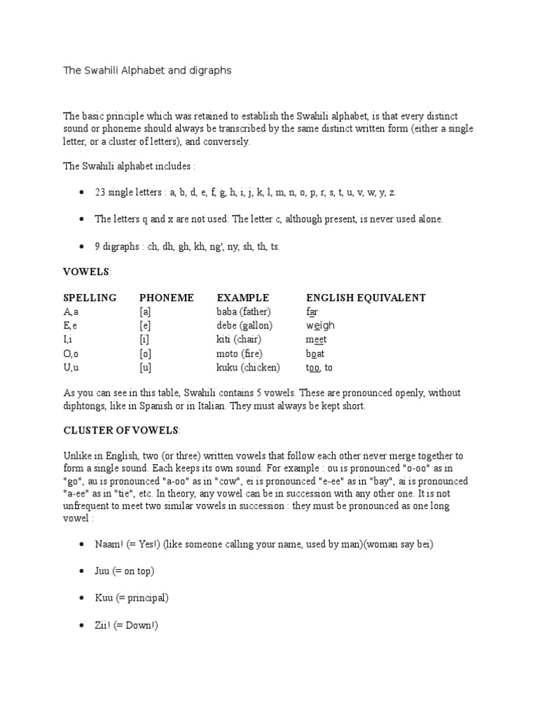 The Swahili Alphabet and Digraphs PDF Syllable Swahili Language