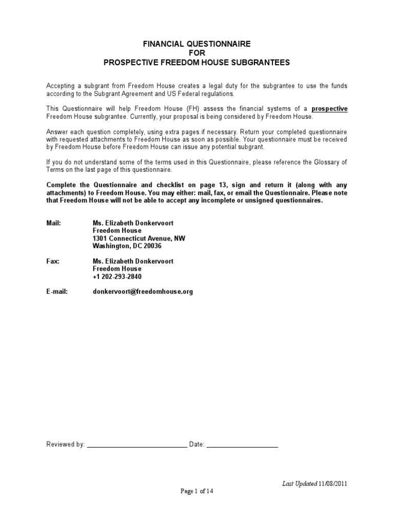 Freedom House Subgrantee Financial Questionnaire | PDF | Expense | Banks