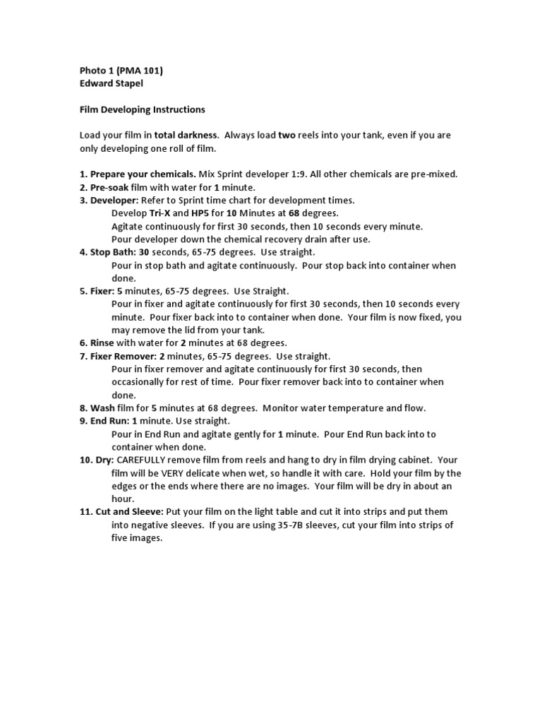 Film Developing Instructions