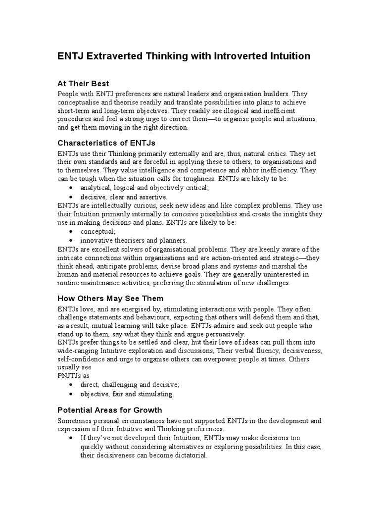ENTJ: Extraverted Thinking & Intuition | PDF | Intuition | Logic