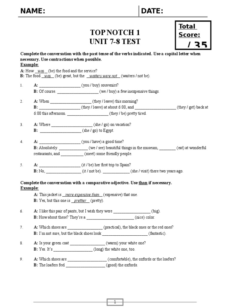Top Notch 1 Unit 78 Test Name Date PDF Linguistic Typology Rules